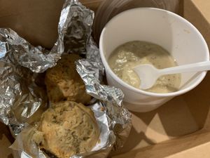 Bizcits and gravy goodness  at Spiral Diner & Bakery in Denton