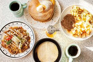 Migas, Pancakes, Southern Comfort at Spiral Diner & Bakery in Denton