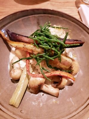 Gevulde venkel met citroen risotto. Gegrilde gekleurde wortels en champignons in witte wijnsaus at Herberg het Volle Leven in Appelscha