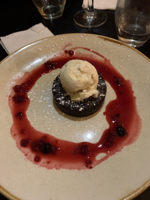 Dessert! Chocolate cake with vanilla ice cream   at Petronella in Kilkenny