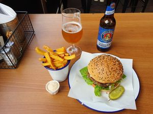 Vegan zwamburger with vegan bread included rookmayonaise and sidedish fries with fenegriek mayonaise at Restaurant Wally in Nijmegen
