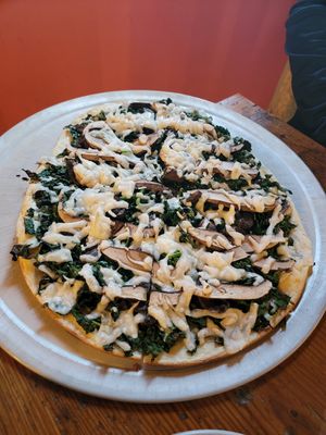 Vegan mushroom and kale pizza with Lancaster Vegan Deli mozzarella cheese at The Fridge in Lancaster