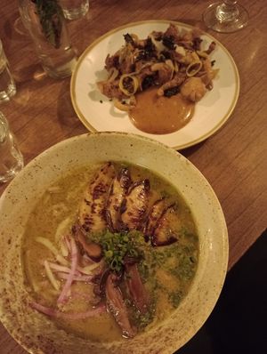 Celeriac ramen and mushroom nuggies at Le Bec Jaune in Morzine