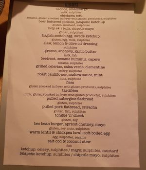 Allergen list at Le Bec Jaune in Morzine