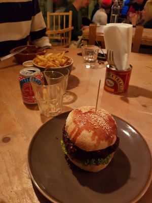 Bec bean burger and fries at Le Bec Jaune in Morzine