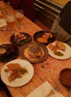 Roasted cauliflower, beer battered pickles (chard) with jalapeno ketchup at Le Bec Jaune in Morzine