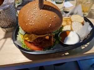 Vegan chicken burger at Huacamole Vegan Food in San Pedro