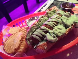 Hotdog with avocado at Huacamole Vegan Food in San Pedro