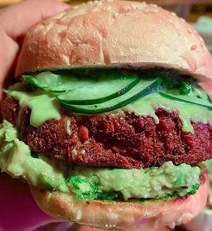 Falafel burger  at Huacamole Vegan Food in San Pedro
