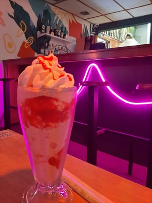 Strawberry milkshake at Huacamole Vegan Food in San Pedro