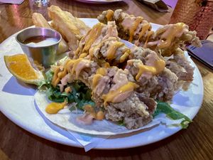 Fish Tacos made of oyster mushrooms with fried yucca  at Huacamole Vegan Food in San Pedro