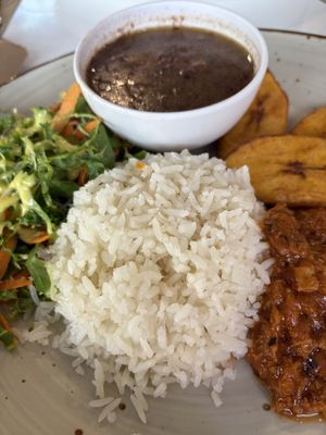 Vegan Casado with shredded soy beef   at Huacamole Vegan Food in San Pedro