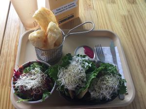 meal deal. Venezuelan tacos, yucca chips and salad  at Huacamole Vegan Food in San Pedro