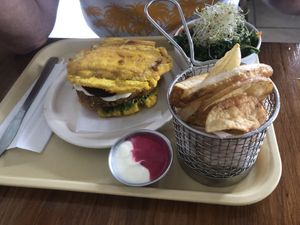 Falafel, plantain burger  at Huacamole Vegan Food in San Pedro
