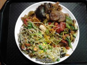 A plate with (nearly) all vegan options (besides the salad and the dessert. at Bosque Bambu in Montevideo