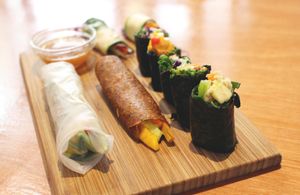 Spring rolls and Raw Vegan Sushi at Casa da Tocha in Portimao
