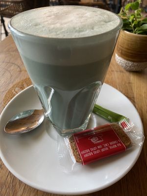 Blue butterfly pea latte: very good! Tastes like marshmallow and ginger. at Mr. & Mrs. Watson in Amsterdam