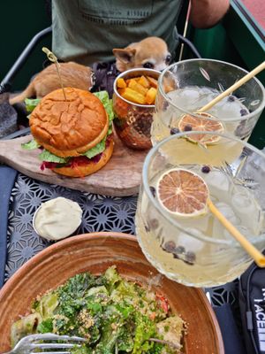 Spicy king burger with fries and alfredo pasta. Lemonade was a special edition drink. at Mr. & Mrs. Watson in Amsterdam