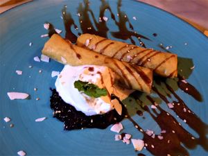 Dessert: springrolls with marzipan and chocolate
 at Mr. & Mrs. Watson in Amsterdam