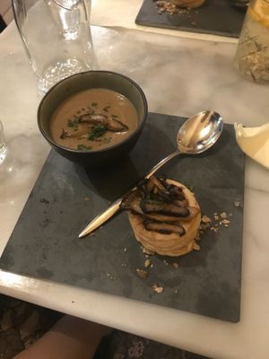 super yummy, 'buttery' pastry filled with mushrooms and a vegan cheese, as well as a yummy mushroom soup at Mr. & Mrs. Watson in Amsterdam
