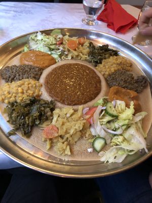 Vegan sharing platter for 2, there was plenty of extra injera on the side  at Blue Nile in Birmingham