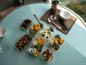 Dumplings, rice pancakes, mushroom balls & mushroom steaks in black bean sauce. at Zǎozǐ Shù - Vegetarian Life Style - Gubeii in Shanghai