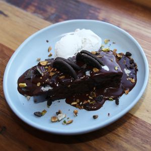 Vegan Brownie with Zebra Dream Coconut Ice Cream at Small Print Pizza Bar in Windsor