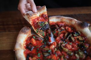 Vegan Eggplant pizza with gremolata and cherry tomatoes  at Small Print Pizza Bar in Windsor