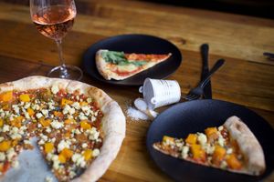 Pumpkin and almond feta pizza + vegan rose at Small Print Pizza Bar in Windsor