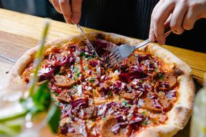 Vegan Pepperoni with chilli jam and radicchio  at Small Print Pizza Bar in Windsor