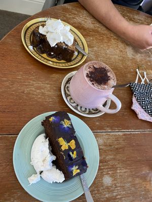 Hot choc, choc cake and banana and caramel cake  at Loves Cafe in Weston-super-mare