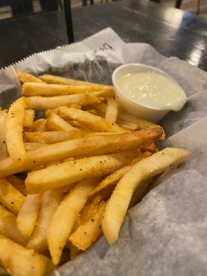 fries and tomb sause at Mad Batter Food & Film in Sylva