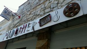 Front of restaurant sign at Mad Batter Food & Film in Sylva