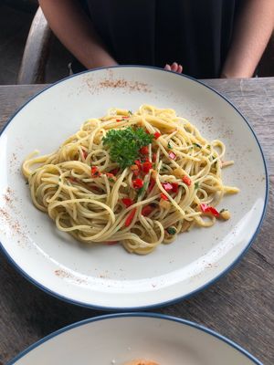 Vegan spaghetti  at Blackbeach in Ubud