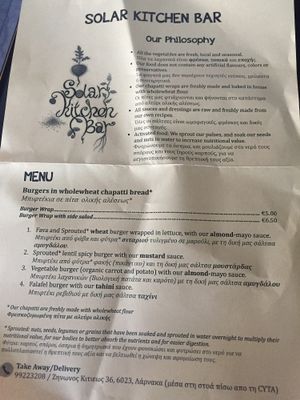Menu front page at Solar Kitchen Bar in Larnaca