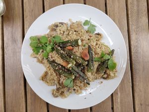 Risotto with mushrooms and okra... at Solar Kitchen Bar in Larnaca