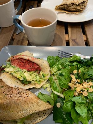 Lentil burger in gluten free wrap - delicious  at Solar Kitchen Bar in Larnaca