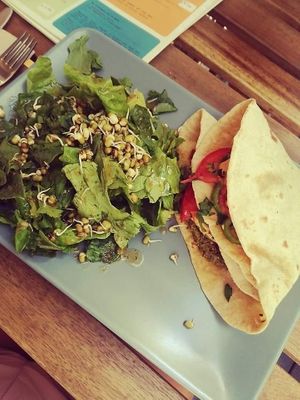 Burger wrapped in pita bread  at Solar Kitchen Bar in Larnaca