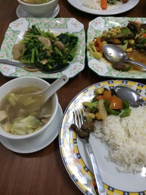Main dishes with rice and soup at Soe Pyi Swar Vegetarian Centre 斋全素食餐室 in Yangon