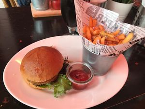 veg burger and fries at Cafe Knuth's in Skagen