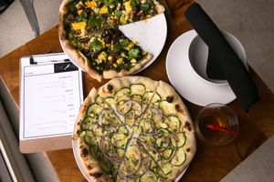 Featured pizzas, Zucchini Carpaccio and Jalapeno Pesto pizza at Die Pie in Edmonton
