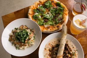 Mac and cheese pizza, lobster penne and seafood chowder at Die Pie in Edmonton