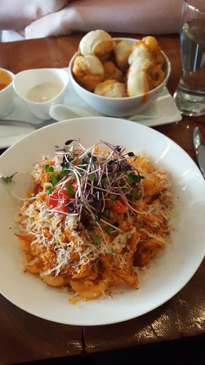 Buffalo chicken Mac and cheese, cheddar bites at Die Pie in Edmonton