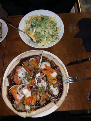 Butternut squash penne and feature pizza . Both amazing  at Die Pie in Edmonton