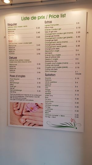Prices list at Salon Vong in Montreal