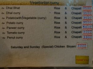some vegetarian friendly items on the menu at Everest Nepali Food Center in Kalaw