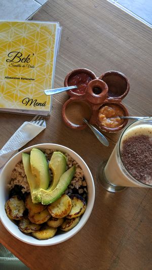 cuban bowl and amazing cacao cafe smoothie at Bek Semilla de Vida in San Cristobal De Las Casas