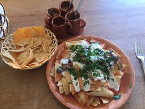 Chilaquiles - so yummy but needs more mushrooms with the dish to be super amazing! at Bek Semilla de Vida in San Cristobal De Las Casas