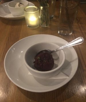 Beet and Basil sorbet...there are no words to describe how phenomenal this tastes...a mix of spice and sweet and bursting with flavor! The peanut butter cacao nib was yum too! at PinPoint Restaurant in Wilmington