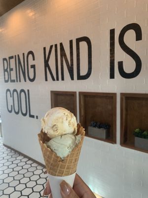 Birthday cake and pistachio in a waffle cone at Anti Social Icecream Co in Austin
